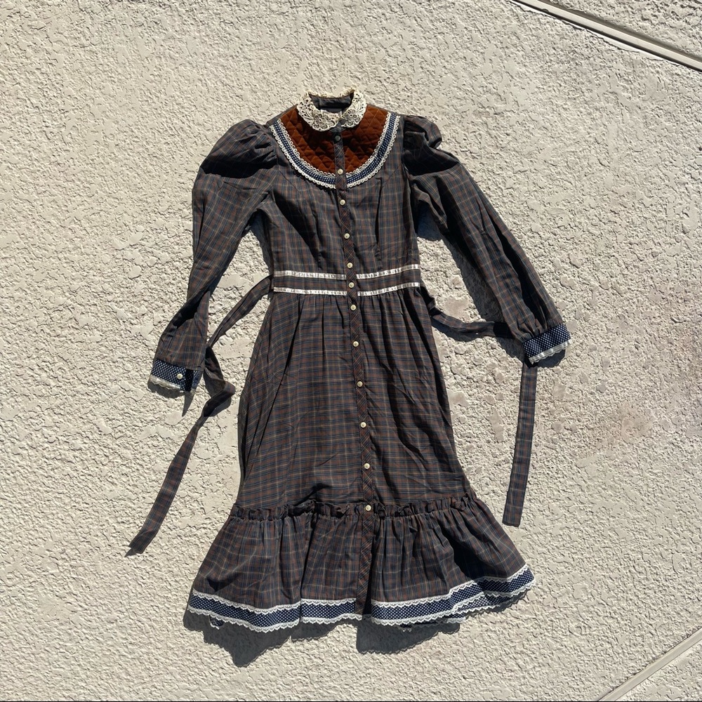 Gunne Sax by Jessica San Fran vintage plaid velvet trim RARE dress - Picture 4 of 10